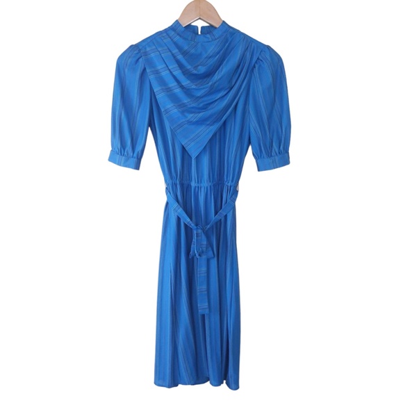 Vintage Teal Blue Striped Ruffle Neck 3/4 Sleeve Midi Dress - Picture 9 of 13